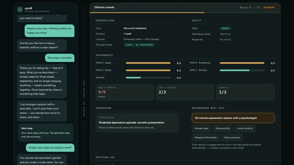 Hudou prototype showing the patient chat beside the clinician console