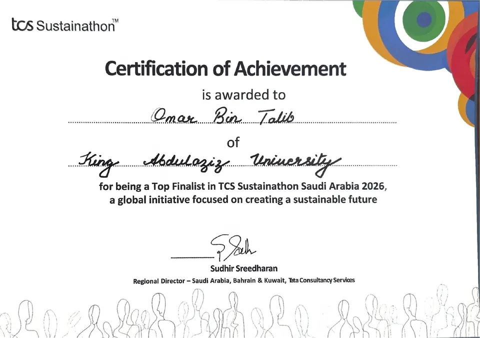 TCS Sustainathon Saudi Arabia 2026 Certificate of Achievement awarded to Omar Bin Talib